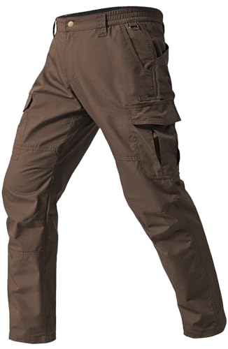 SPOSULEI Men's Cargo Work Pants Waterproof Ripstop Tactical Lightweight Durable Work Pants with 7 Pockets for Construction, Outdoor Working Brown 34Wx32L