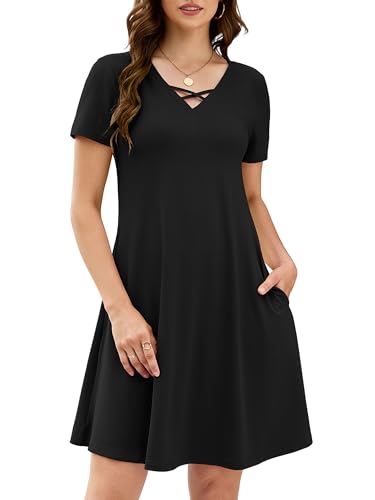 Image of KORSIS Women's Dresses Summer Casual T-Shirt Short Sleeve Criss Cross V Neck Swing Beach Vacation Sundress Dress with Pockets