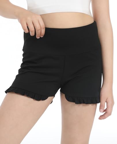 Girls Athletic Ruffle Shorts Stretch Spandex Shorts High Waisted Yoga Dance Gymnastics Shorts for Kids Age 5-142