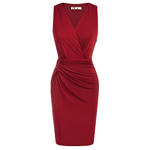 Womens V-Neck Dress Sleeveless Knee Length Bodycon Dress Office Hips-Wrapped Pencil Dress2