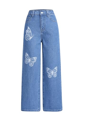 Floerns Girl's Butterfly Print High Waist Wide Leg Jeans Baggy Denim Pants