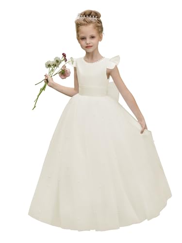 MCieloLuna 2025 Flower Girl Dress Cap Sleeve Pearls First Communion Dresses for Girls Toddler Tulle Wedding Party Gown