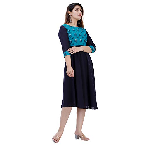 Image of Libas Holy Women's Floral Printed Cotton Flared Maxi Dress, Navy Blue and Turquoise One Piece Maxi Dress