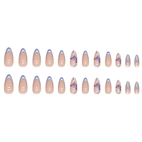 24Pcs French Tip Press On Nails Medium Almond Fake Nails Glossy Blue Purple False Nails With Butterfly Designs Acrylic Artificial Nails Full Cover Glue On Nails For Women Girls Manicure Art Decoration #TOP6