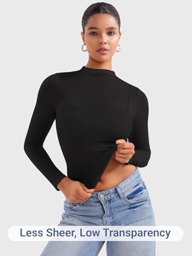 YEOREO Womens Sheer Tops Long Sleeve See Through Tops Mock Neck Slim Fit Workout Shirt Jamy Going Out Sexy Shirts3