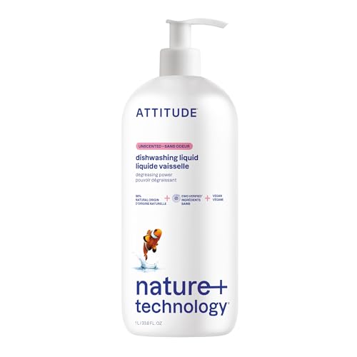Image of ATTITUDE Dish Soap, EWG Verified, Plant-Based & Vegan Dishwashing Liquid, Naturally Derived, Unscented, 33.8 Fl Oz