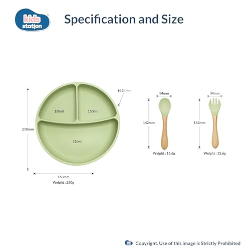 Image of Kids Station 3 Piece BPA-Free Silicone Baby Feeding Set - Baby Plate - Spoon and Bowl - Make Mealtime Fun - Microwave Safe - Unbreakable Eco-Friendly - Organic & Natural (Plate (Set of 3), Green)