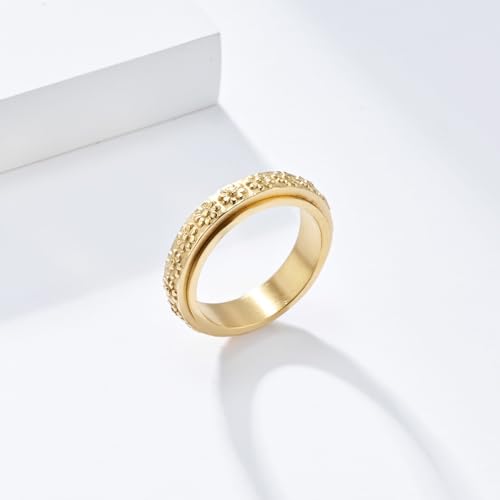 Women's Anxiety Ring 6MM Stainless Steel Spinner Ring Daisy Sunflower Pattern Wedding Band Fidget Tool3