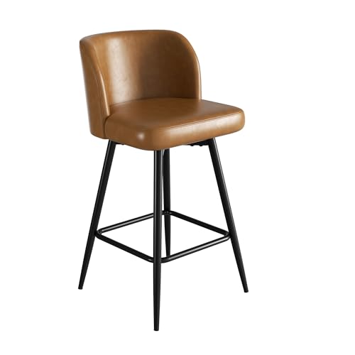 Image of Swivel Bar Stools, 26 inch Counter Height Bar Stools with High Back and Metal Legs, Faux Leather Bar Chairs, Modern Barstools for Kitchen Island, Caramel
