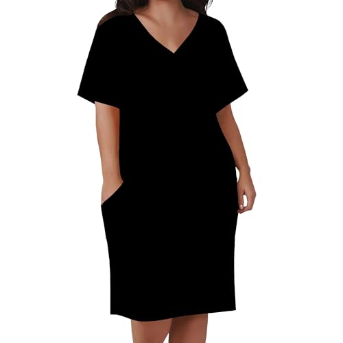 Image of Women Casual T-Shirt Dress V Neck Short Sleeve Solid Color Oversize Dress with Front Two Pockets
