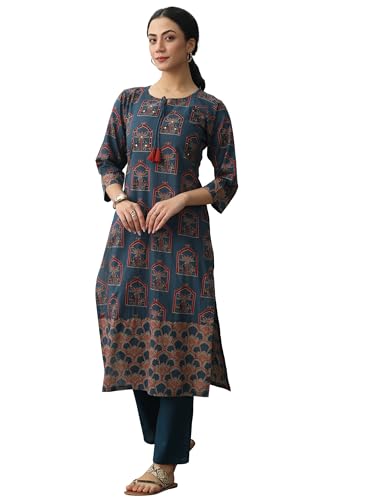 Image of Gerua Blue Ethnic Motifs Printed Straight Kurta Set