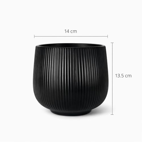Image of Xtore Sleek Ribbed Black Planter Pot for Indoor Plants | Modern Textured Flower Pot for Home & Office Decor, Tabletop & Shelf Styling (Black, 14 cm x 13.5cm)