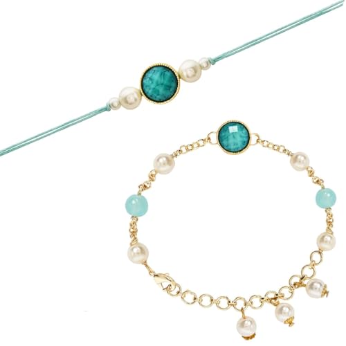 Image of I Jewels Designer Kundan Pearl beaded Bhaiya Bhabhi Lumba Rakhi Bracelet Combo Set With Roli Chawal & Rakshabandhan Greeting Card