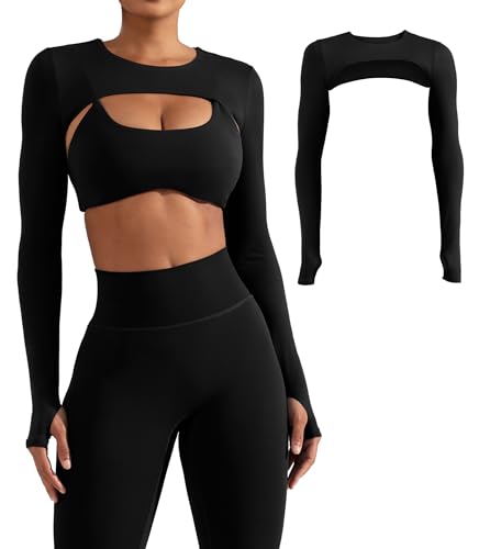 Image of YEOREO Women Crop Top Long Sleeve Bolero Open Front Workout Cropped Shirts Sports Shrug
