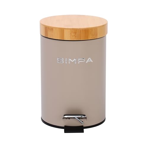 simpa 3L 3 Litre Matt Mushroom Slim Soft-Closing Pedal Dustbin with Bamboo Lid