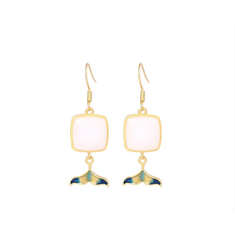 Boucles d'oreilles queue de poisson en jade blanc plaqué or luxe