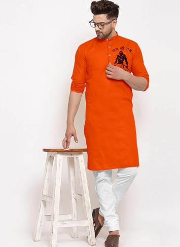Image of LookMark Cotton Blend Solid Regular Men's Jay Shree Ram Logo Kurta
