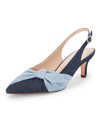 Coutgo Womens Bow Heels Slingback Pumps Low Kitten Heels Closed Pointed Toe Sandals Denim Dress Shoes