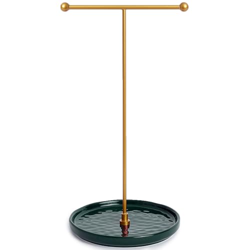 VROOMIUM Necklace Holder Stand - 6in Ceramic Base X 1ft Height, Aesthetic Decor for Bedroom, Jewelry Organizer for Necklace, Bracelets, Rings, Exhibidor de Collares- Elegant Green