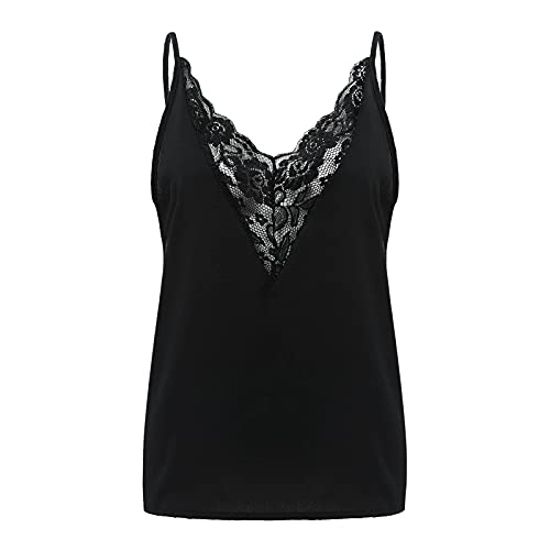 Haut d'été pour femme sans manches - Coupe ajustée - Basic - Y2K - Croptops - Bretelles spaghetti - Haut en dentelle sexy - Bralettes - Débardeur pour femme - Col en V - Haut pour femme, Noir , M Cover