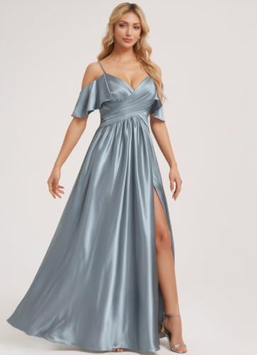 Everlong Cold Shoulder Bridesmaid Dresses 2025 Satin Spaghetti Straps Prom Dress High Slit Formal Evening Gown EL0102