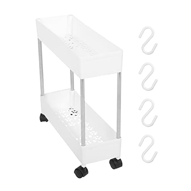 Housoutil Slim Rolling Storage Cart, 2-Tier Mobile Shelving Unit, White Plastic and Iron Trolley Rack for Kitchen, Bathroom, Office, Laundry Room, 15.74 X 15.74 X 5.11 Inches