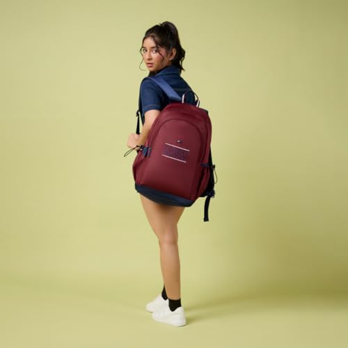 Image of Tommy Hilfiger Student School Bag & University Backpack Coral - Burgundy+Navy | Durable Water-Resistant Polyester with Premium Embroidery | Multi-Utility Organiser & Rain Cover | 33L Capacity