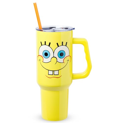 Silver Buffalo SpongeBob SquarePants Double Walled Stainless Steel Tumbler with Handle, Fits in Standard Cup Holder, 40 Ounces