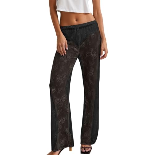 KBOPLEMQ Pantalones de encaje para mujer, sexy, transparentes, elegantes, pantalones de pierna recta, pantalones de malla transparentes, pantalones de bikini con cintura media, ropa de fiesta