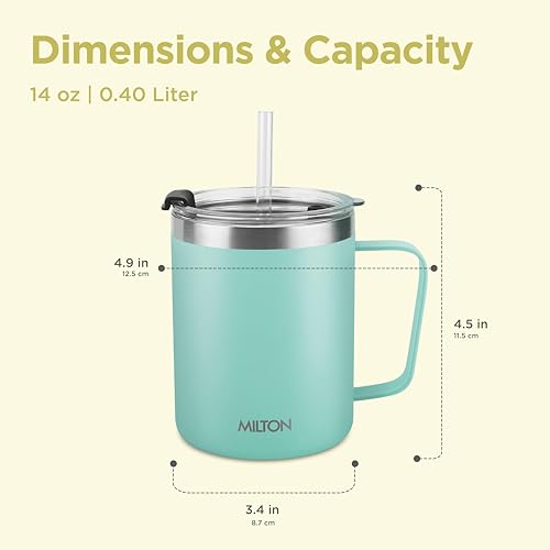 MILTON Travel Coffee Mug 14 oz with Straw, Double Walled, Stainless Steel Vacuum Insulated Coffee Tumbler with Lid and Handle, Perfect for Hot and Cold Drinks, BPA-Free, Dishwasher Safe, Clifton 400
