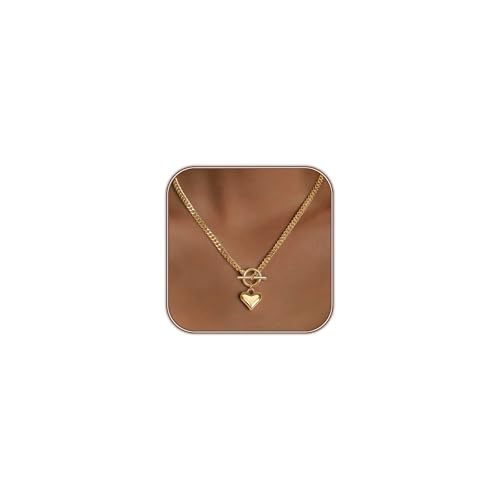 Airmb Heart Necklace for Women Gold Plated 14K Chunky Cuban Chain Trendy Heart Choker Pendant Gold OT Toggle Hypoallergenic Fashion Locket Necklace Jewelry Love Gift for Women