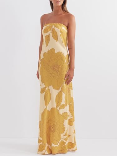 Image of Women Y2k Strapless Maxi Dress Floral Print Tube Long Dress Boho Beach Sundress Going Out Streetwear