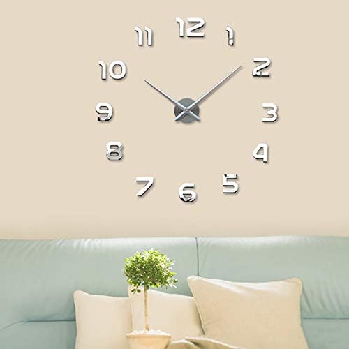 Holdfiturn 3D DIY Wall Clock Frameless Large Wall Sticker Clock Roman Numerals 3D Mirror Sticker Home Office Removable Decorations (Silver)