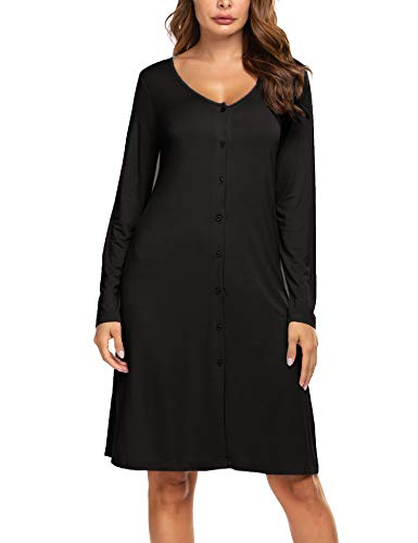 Ekouaer Women's Nightshirt Long Sleeve Button Down Nightgown V-Neck Sleepwear Pajama Dress Black