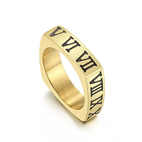 Image of Square Roman Numeral Band Ring 18K Gold Plated Stainless Steel Stackable Promise Ring Gift for Her
