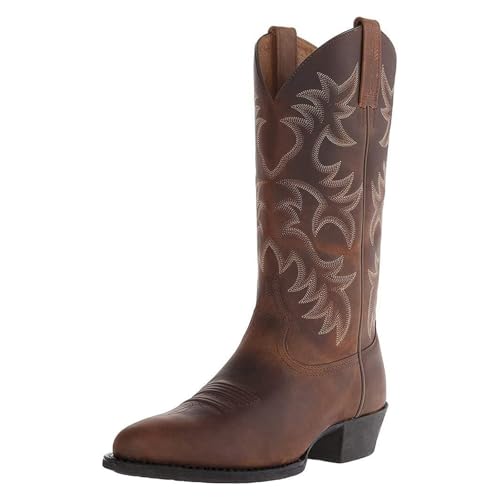 Cowboy Boots for Men Pointy Toe Western Boots Mid Calf Boots Men's Knee High Embroidered Chunky Heel Boot