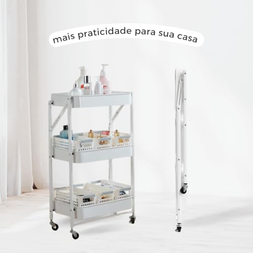 Carrinho Multiuso Dobrável Deslizante 3 Cestas 100% Metal (Branco)