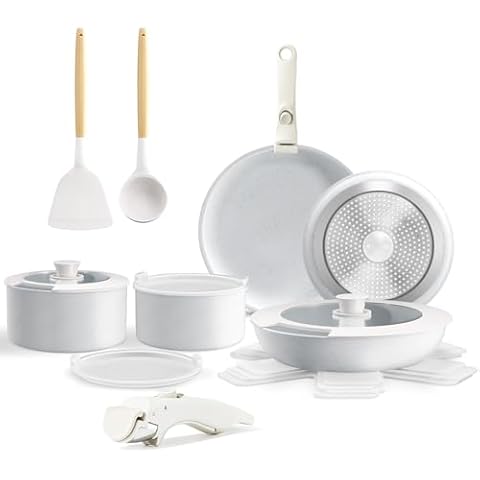 MDHAND Nonstick Cookware Sets, 17pcs Pots and Pans Set Non Stick, Non Toxic Kitchen Cooking Set with Removable Handles, Oven Safe, Induction Ready, Stackable Nonstick Set, PFAS/PFOA Free Cover