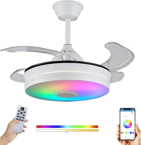 LUMIKING Ventilador de Techo con Luz LED   Aspas Retráctiles, Música y RGB   Silencioso con Lámpara y Moderno con Mando a Distancia, Bluetooth y APP para Salón y Dormitorio (108 cm)