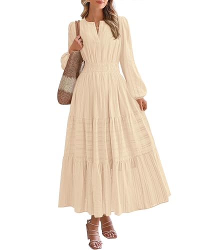 BTFBM Fall Dresses for Women 2025 Casual Long Sleeve V Neck Elastic Waist Lightweight Maxi Wedding Guest Dress Pockets