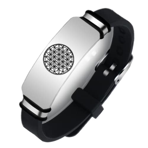 Pulsera budista de silicona con diseño de flor de la vida, diseño de geometría sagrada, regalo para meditación, protección y curación, ajustable, color negro, Acero inoxidable Silicona