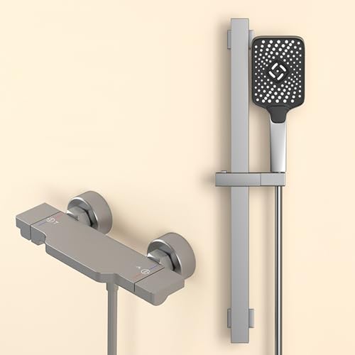 XJTNLB Grifo Bañera Cascada Gris Pistola Mezclador Ducha Doble Mando con Barra Ducha Pared 3 Modos Conjunto para Bañera Caliente y Frío Ajustable
