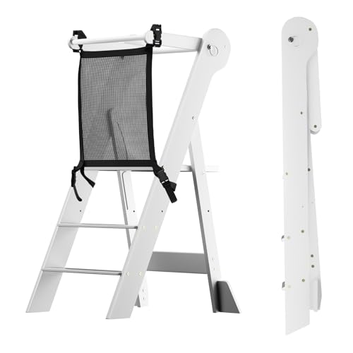 Image of COSYLAND Foldable Toddler Kitchen Stool Helper - Height Adjustable Kitchen Standing Tower for Bathroom Sink or Counter - Step Stool for Toddlers Ages 18 Months to 6 Years White