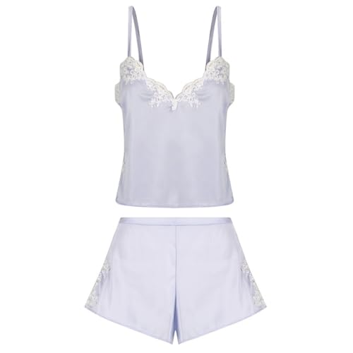 Image of ROAONOCOMO Women Lace Trim Pj Shorts Set Square Neck Coquette Tank Top Silk Satin Pajama Set Babydoll 2 Piece Shorts Outfit