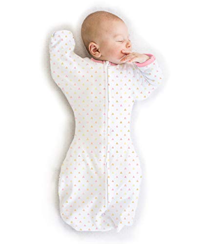 Image of SwaddleDesigns Transitional Swaddle Sack, Arms Up Half-Length Sleeves and Mitten Cuffs, Tiny Triangles, Pink, Small, 0-3mo, 6-14 lbs (Parents' Picks Award Winner, Easy Transition with Better Sleep)