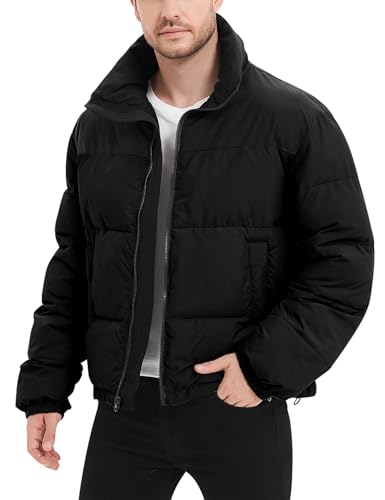 Flygo Men Puffer Jacket Winter Coats Water Resistant Long Sleeve Zip Up Lightweight Quilted Down Jackets(Black-L)