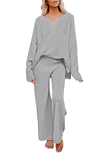 Image of Pink Queen Women's 2 Piece Outfit Set Long Sleeve Button Pullover Sweater Top and Wide Leg Pants Knit Sweatsuit