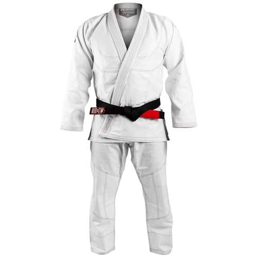 Kimono Venum Contender EVO blanco completo con cinturón negro, ideal para uso en entrenamientos de BJJ