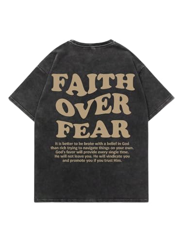 QJQ Men's Letter Graphic Tees Short Sleeve Crewneck T Shirts Faith Over Fear Baggy Streetwear Tops