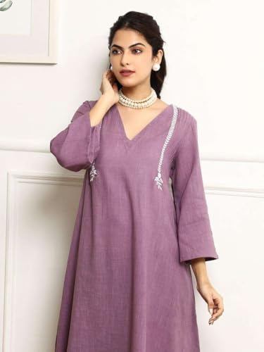 Image of Women's Cotton Embroidered Straight Kurta & Pant with Dupatta Set (Purple)